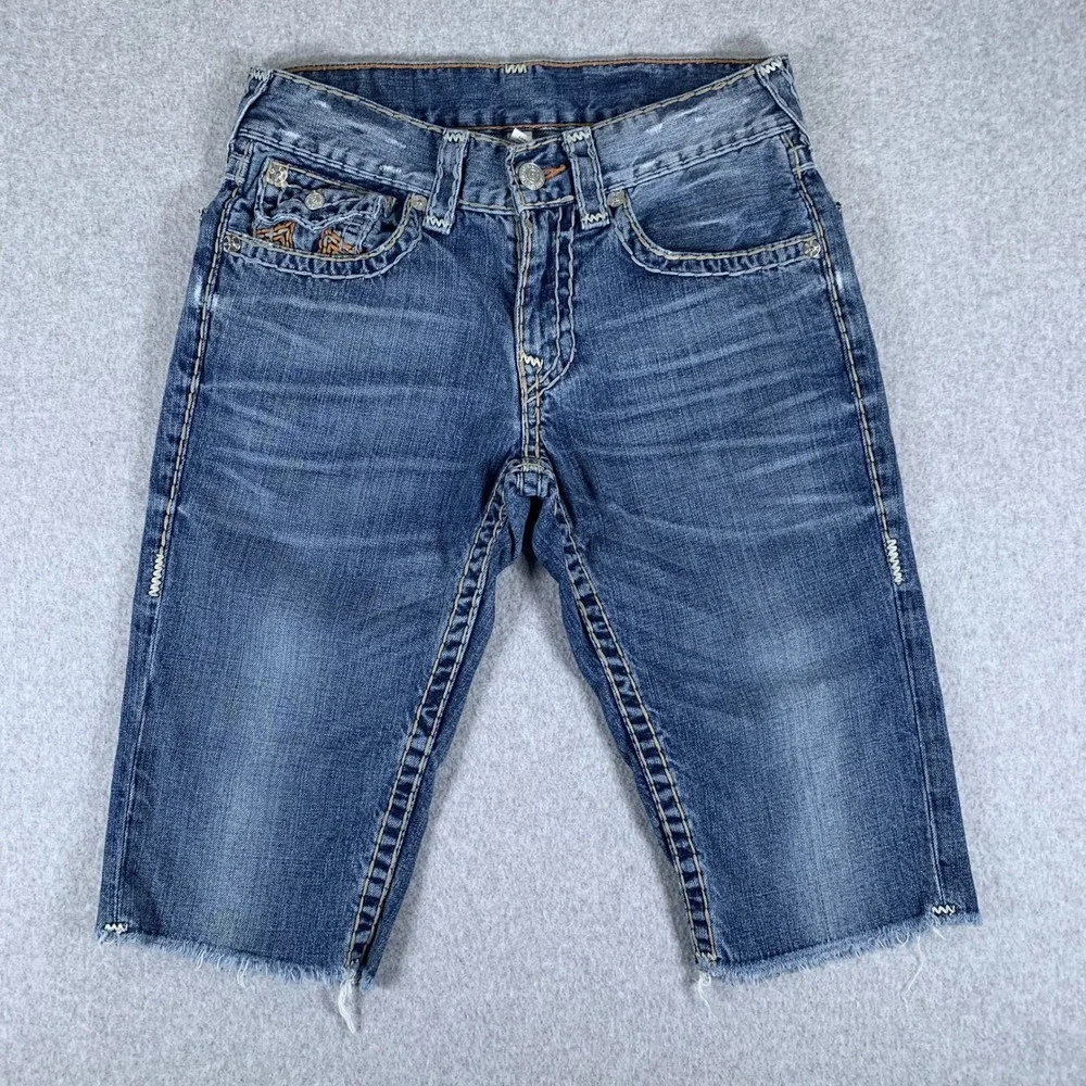 True Religion Cut Off Denim Shorts Mens 29 Blue Flap Pocket Straight Raw Hem